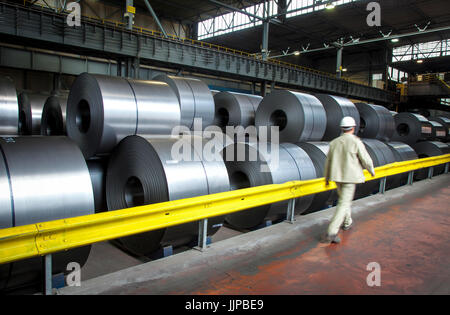 Steel coils, ThyssenKrupp steelwork in Duisburg, Ruhr Area, North Rhine-Westphalia, Germany, Europe. Stahlcoils, ThyssenKrupp HŸttenwerk, Duisburg, Ru Stock Photo