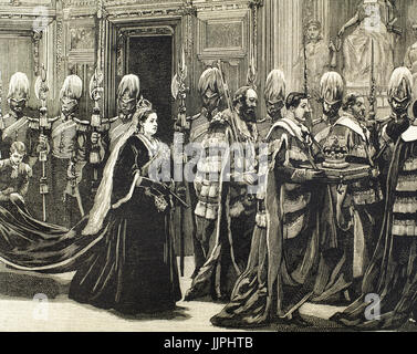 Victoria I (1819-1901). Queen of the United Kingdom of Great Britain and Ireland (1837-1901) and Empress of India (1876-1901). Palace of Westminster. The royal party passes through the Prince's Hall to enter in the House of Lords. Engraving, 1886. 'La Ilustración  Española y Americana'. Stock Photo