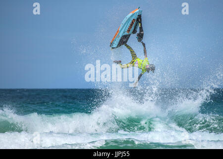 British jetski star Dan Foy competes in the IFWA Championships at Fistral beach in Cornwall. Stock Photo