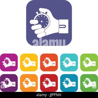 Hand holding stopwatch icons set Stock Vector