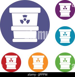 Trashcan containing radioactive waste icons set Stock Vector