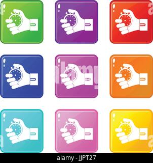 Hand holding stopwatch set 9 Stock Vector