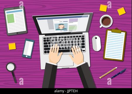 man sitting with laptop on the wooden floor and working, hands typing a message in social networks. Vector illustration top view of people work or rel Stock Vector