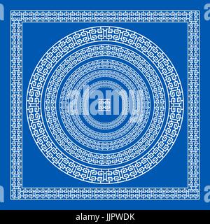 Set of vector brushes to create Greek Meander patterns and samples of their application for round and square frames. Greek borders. Blue color isolate Stock Vector