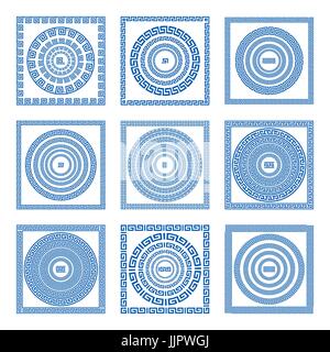 Set of meander borders and frames. Ancient traditional greek decoration. greece blue color. vector art Stock Vector