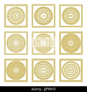 Vector set Traditional vintage golden square and round Greek ornament Meander border greece gold art Stock Vector