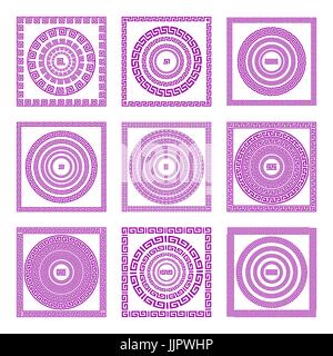 Set of meander borders and frames. Ancient traditional greek decoration. greece vector Pink, and purple colors. art Stock Vector