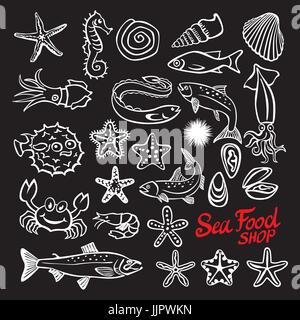 Vector vintage seafood restaurant illustration. Hand drawn chalkboard banner. Great for menu, banner, flyer, card, seafood business promote. art Stock Vector