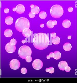 Bubbles in water on violet background horizontal seamless pattern. Circle and liquid, light design, clear soapy shiny, vector illustration art Stock Vector