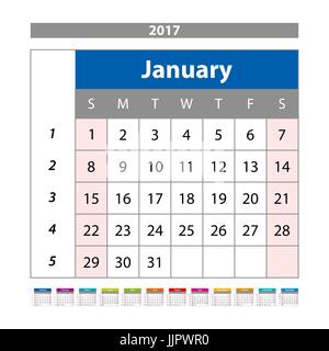 Calendar Planner for 2017 Year. Design Template with Place for Photos and Notes. January. Week Starts Sunday vector art Stock Vector