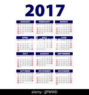 Calendar 2017. Week starts from Sunday. Vector flat design template, ready to print art Stock Vector