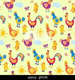 Vector fun chickens seamless pattern background with hand drawn farm birds. art Stock Vector