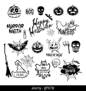 vector Halloween set, drawn Halloween symbols pumpkin, broom, bat, spider webs, lettering and stylized drawing in vintage style art Stock Vector