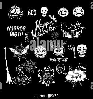 vector Halloween set, drawn Halloween symbols pumpkin, broom, bat, spider webs, lettering and stylized drawing in vintage style art Stock Vector