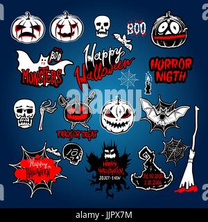 vector Halloween set, drawn Halloween symbols pumpkin, broom, bat, spider webs, lettering and stylized drawing in vintage style art Stock Vector
