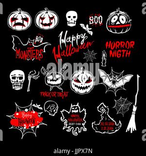 vector Halloween set, drawn Halloween symbols pumpkin, broom, bat, spider webs, lettering and stylized drawing in vintage style art Stock Vector