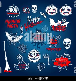 vector Halloween set, drawn Halloween symbols pumpkin, broom, bat, spider webs, lettering and stylized drawing in vintage style art Stock Vector