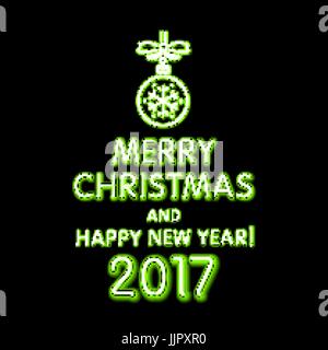 Christmas neon sign. Vector Illustration. green merry Christmas and happy new year 2017 neon, light color toy art Stock Vector