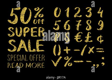 Gold glittering  metal alphabet - numbers (figures), currency signs. Super Sale. Big sale. Sale tag. Sale poster. Sale vector. Super Sale and special  Stock Vector