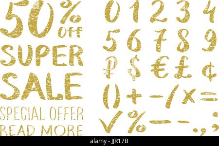 Gold glittering alphabet - numbers (figures), currency signs. Super Sale. Big sale. Sale tag. Sale poster. Sale vector. Super Sale and special offer.  Stock Vector