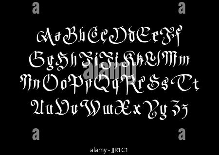 Fantasy Gothic Font. Retro vintage alphabet. Custom type letters on dark background. Stock vector typography art Stock Vector