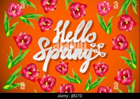 Hello Spring Poster Design in Realistic Colorful Vector Flowers Background with Vines for Spring Season. Vector Illustration art Stock Vector
