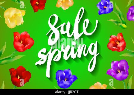 Spring Sale Word Hanging on Leaves with Strings. Vector Illustration art Stock Vector