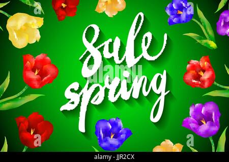 Spring Sale Word Hanging on Leaves with Strings. Vector Illustration art Stock Vector
