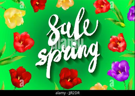 Spring Sale Word Hanging on Leaves with Strings. Vector Illustration art Stock Vector