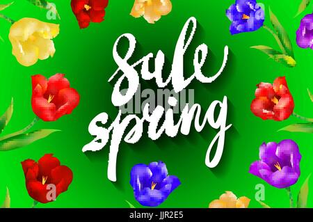 Spring Sale Word Hanging on Leaves with Strings. Vector Illustration art Stock Vector