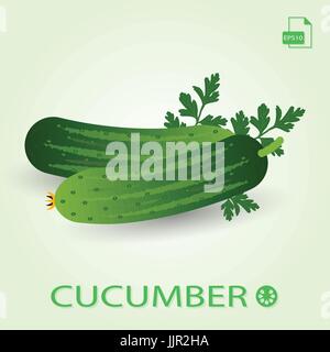Two Fresh Ripe Cucumbers With Leaves. Stock Vector