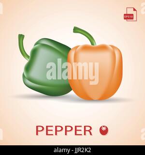 Set Of Two Fresh Sweet Peppers Green And Orange. Stock Vector