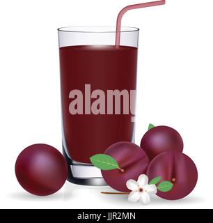 Set Of Plum Juice And Fresh Ripe Fruits Isolated On A White Background. Stock Vector