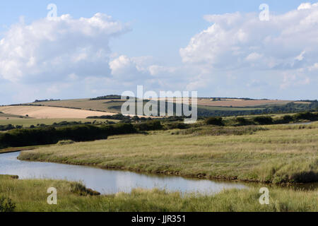 The Cuckmere river meanders through the South Downs.  Cuckmere Haven, Sussex, UK. Stock Photo