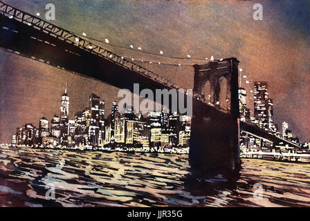 New York city panorama , cityscape , high quality sunset,night Brooklyn bridge watercolor , digital drawing ,wall art