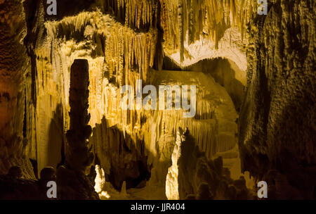 Frasassi Caves, Italy, Ancona, Region Marche. Formation of stalagmites and stalactites in the caves of Frasassi, Stock Photo