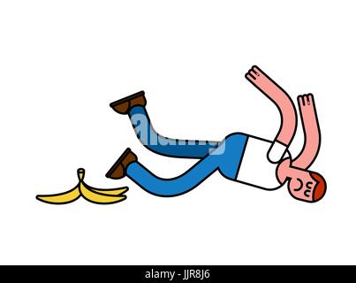 Fall on banana. Slip on banana peel. guy flopped. Man fell Stock Vector