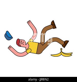 Fall on banana. Slip on banana peel. guy flopped. Man fell Stock Vector