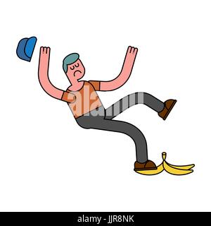 Fall on banana. Slip on banana peel. guy flopped. Man fell Stock Vector