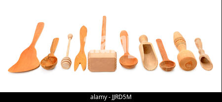 Wooden kitchen utensils isolated on white background Stock Photo