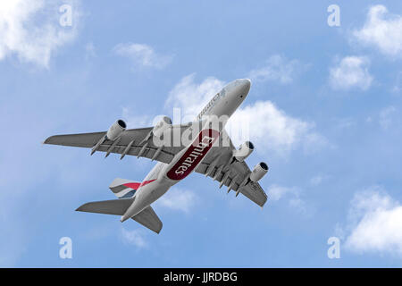 Emirates Airline Boeing Airbus A380-800 long distance aircraft taking off from Manchester Airport Stock Photo