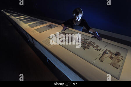 Head of conservation at the Fitzwilliam Museum in Cambridge, Julie Dawson, positions the final part of the Book of the Dead of Ramose, a 3,000-year-old Egyptian papyrus scroll, laid out in a 20 metre line by conservators at the museum, as an entire gallery has been set aside for its display, which is happening for one day only on Saturday 22 July. Stock Photo