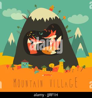 Cute village by the mountain with foxes inside the cave Stock Vector