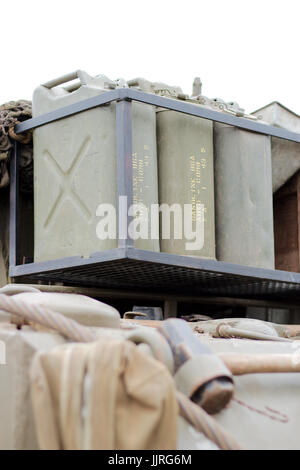 World war 2 era jerry fuel containers on the side of a Sherman tank. Stock Photo