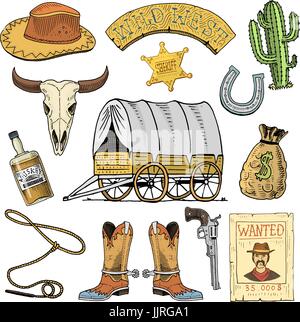 Wild west, rodeo show, cowboy or indians with lasso. hat and gun, cactus with sheriff star and bison, boot with horseshoe and wanted poster. engraved hand drawn in old sketch or and vintage style. Stock Vector