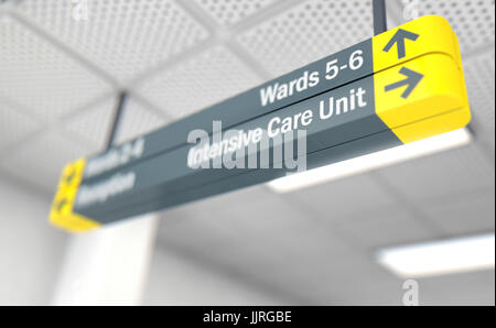 A ceiling mounted hospital directional sign highlighting the way towards the intensive care unit - 3D render Stock Photo