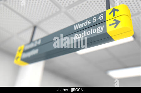 A ceiling mounted hospital directional sign highlighting the way towards the radiology ward - 3D render Stock Photo