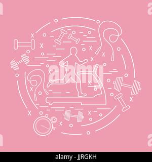 Vector illustration of the man jogging on a treadmill and different kinds of sports equipment arranged in a circle. Including icons of skipping rope,  Stock Vector