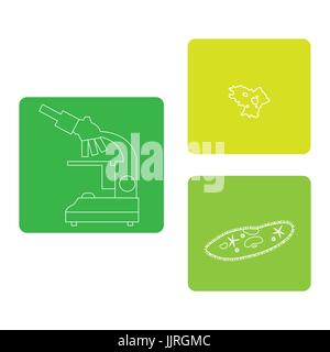 Stylized icons of microscope, amoeba, ciliate-slipper. Magnifying device sign. Laboratory equipment symbol. Stock Vector