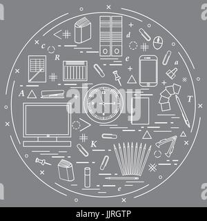Set of different office objects arranged in a circle. Including icons of paper clips, buttons, pencils, glue, monitor, clock and other on white backgr Stock Vector
